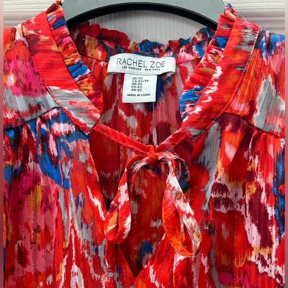 Rachel Zoe Ruffle Sleeve Smocked Waist Keyhole Neck Tie Blouse Top Size XS - Picture 5 of 12